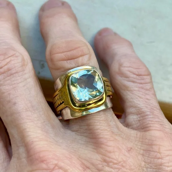 Green amethyst sterling silver and brass ring - Picture 2 of 14